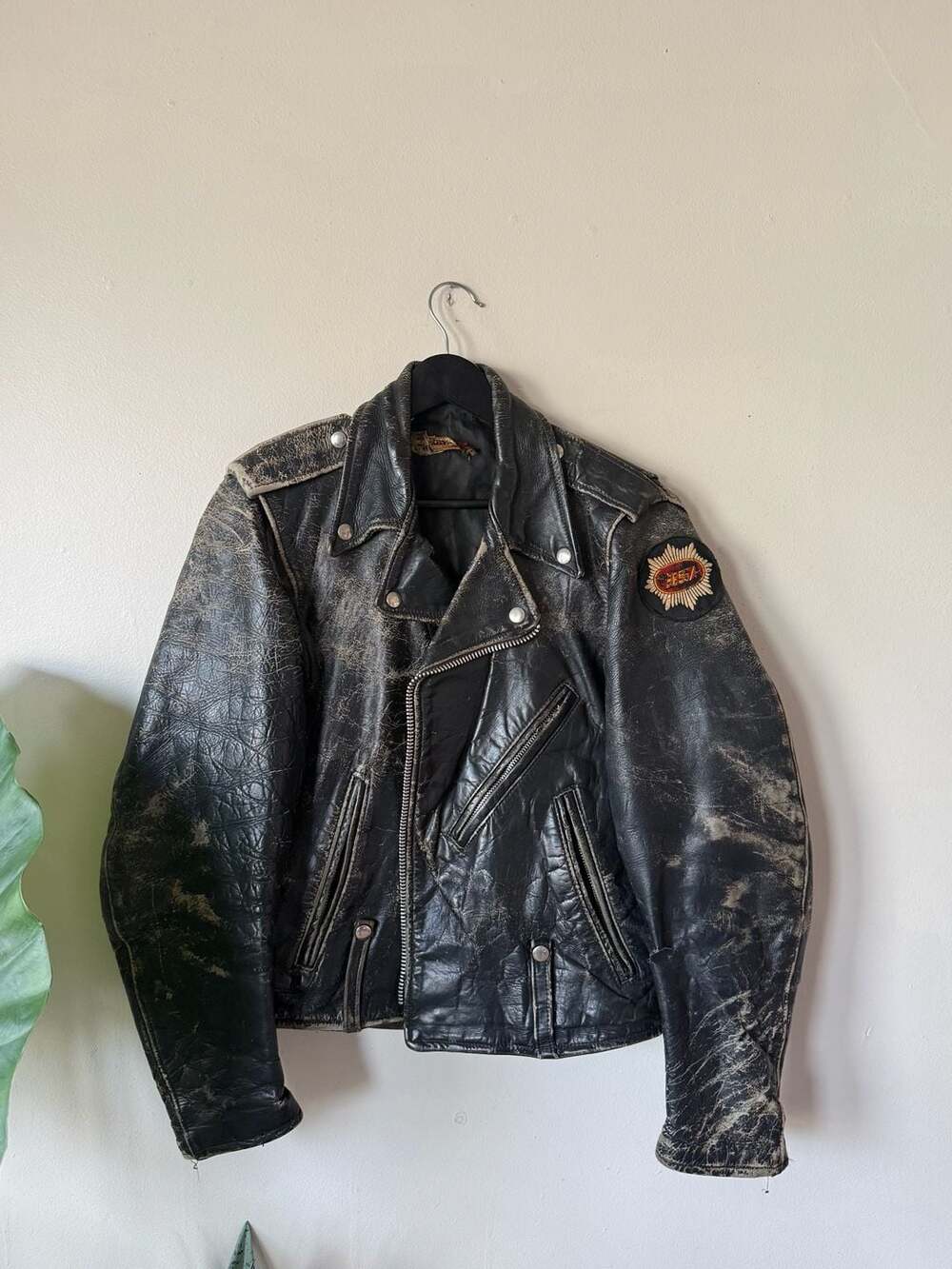 Vintage Motorcycle Leather Jacket Distressed Black Biker